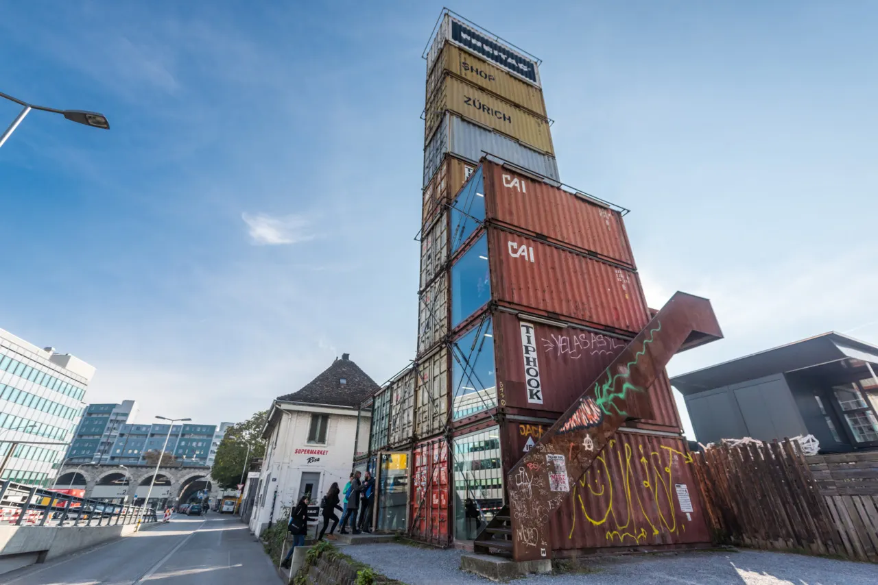 Looking up Freitag tower, made from container